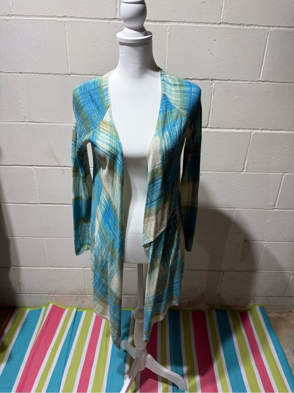 sparrow Teal and Cream Plaid Open-Front Cardigan